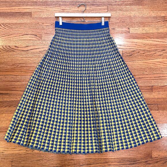 Derek Lam 10 Crosby Knit Pleated Maxi Skirt Sz S/P Blue Yellow Check Pull On EUC - Picture 5 of 9